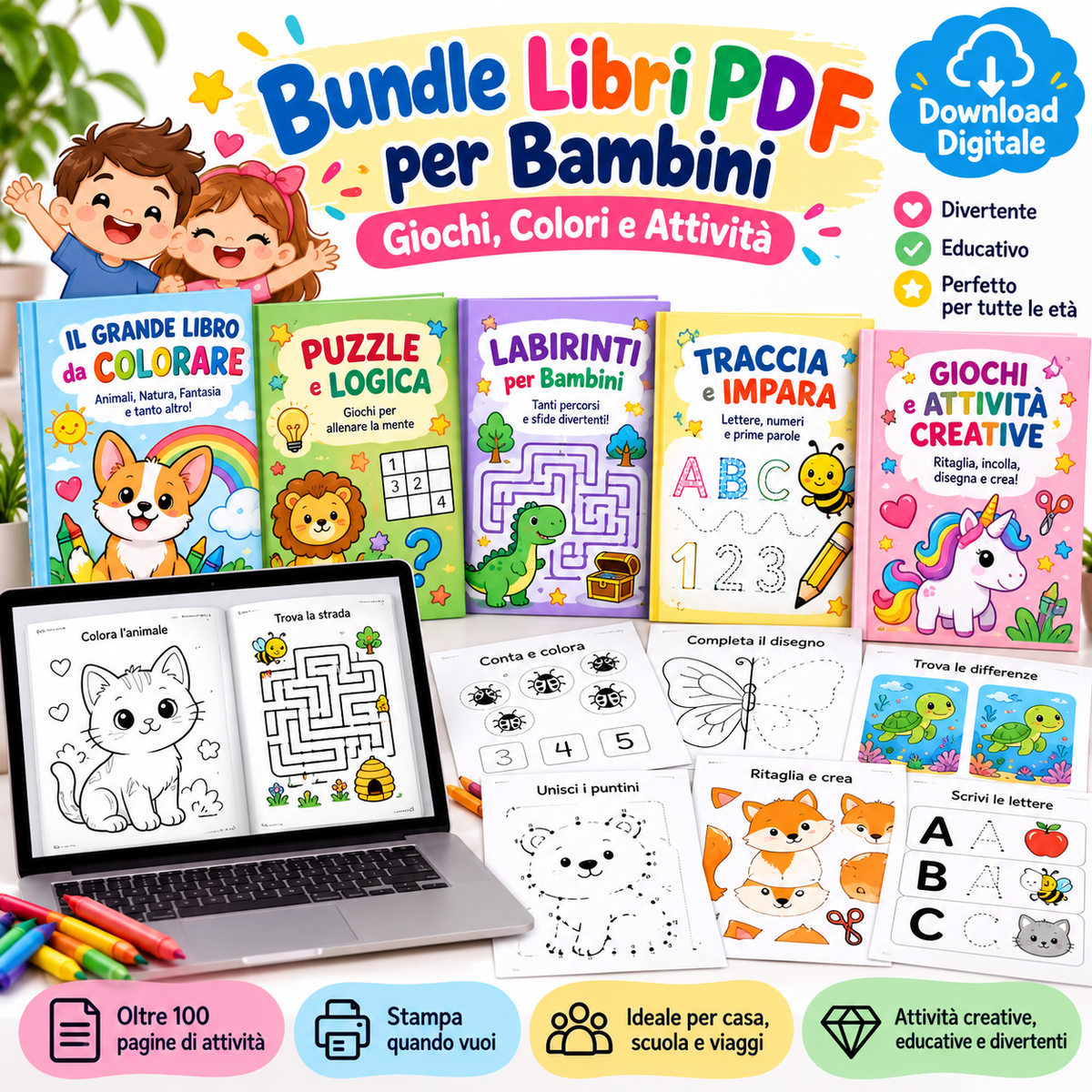 La Biblioteca dei Piccoli – 10 Quaderni di Attività da Stampare (3–10 anni)